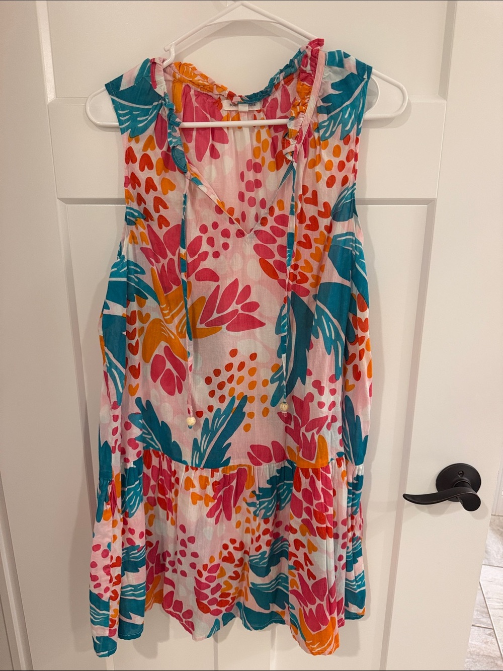 Tropical Print Sleeveless Swim Coverup in Teal, Pink & Orange